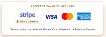 Secure payments via Stripe, Visa, Mastercard and American Express Secure payments via Stripe, Visa, Mastercard and American Express